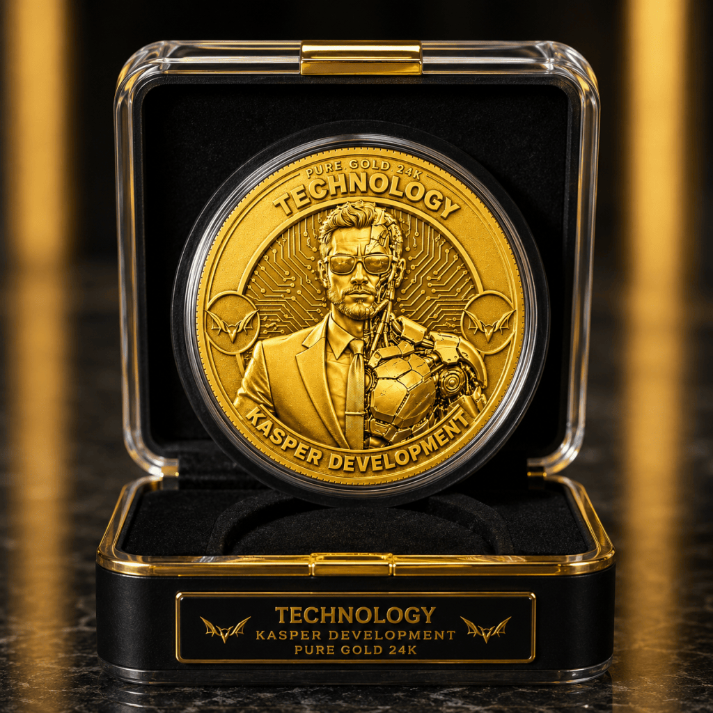 Futuristic gold coin packed on box